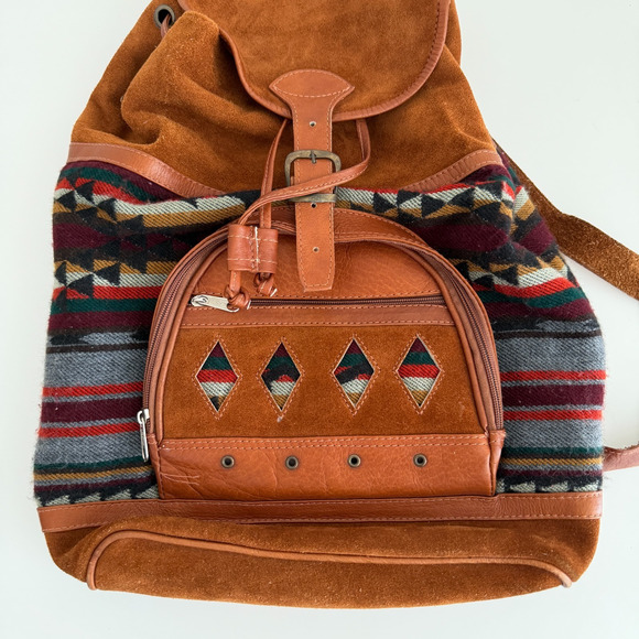 Vintage Suede Leather Woven Backpack Handmade Southwestern Navajo Aztec Tapestry main image 9